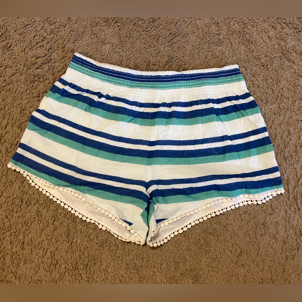 Saks Fifth Avenue White, Blue, Teal Stripe Lounge Shorts Size X-Small